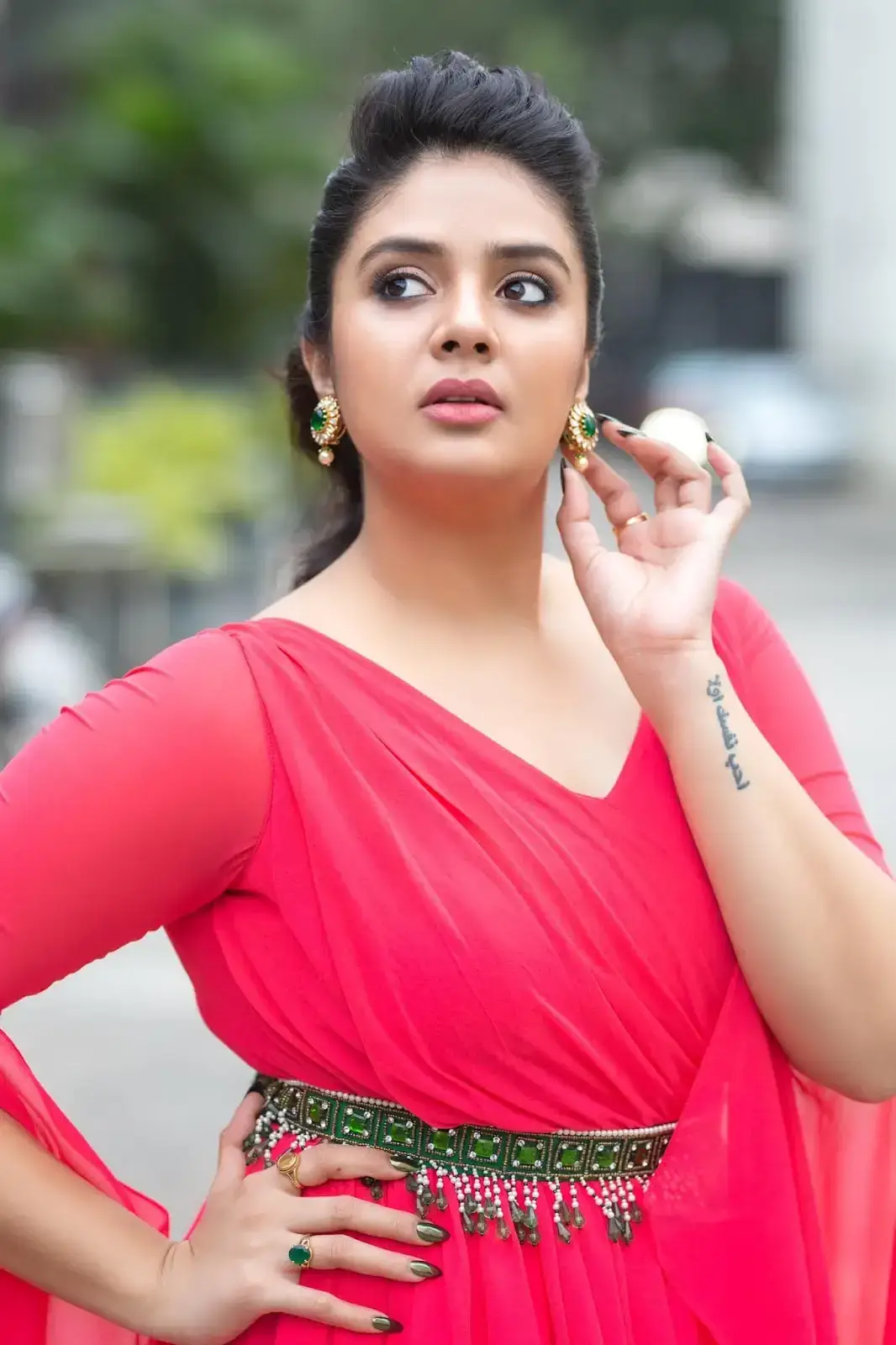 South Indian Television Actress Sreemukhi in Long Red Gown